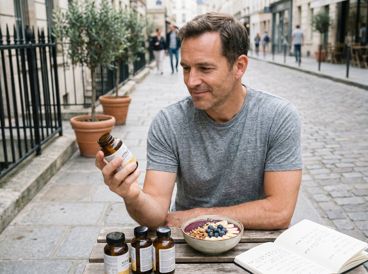 Homme lisant l'étiquette d'un complément alimentaire naturel en terrasse avec un smoothie bowl