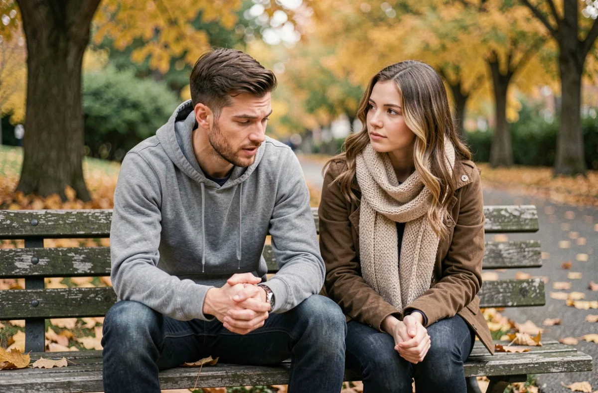 Deux amis assis sur un banc de parc en automne, un homme se confiant à une femme dans une ambiance amicale et bienveillante