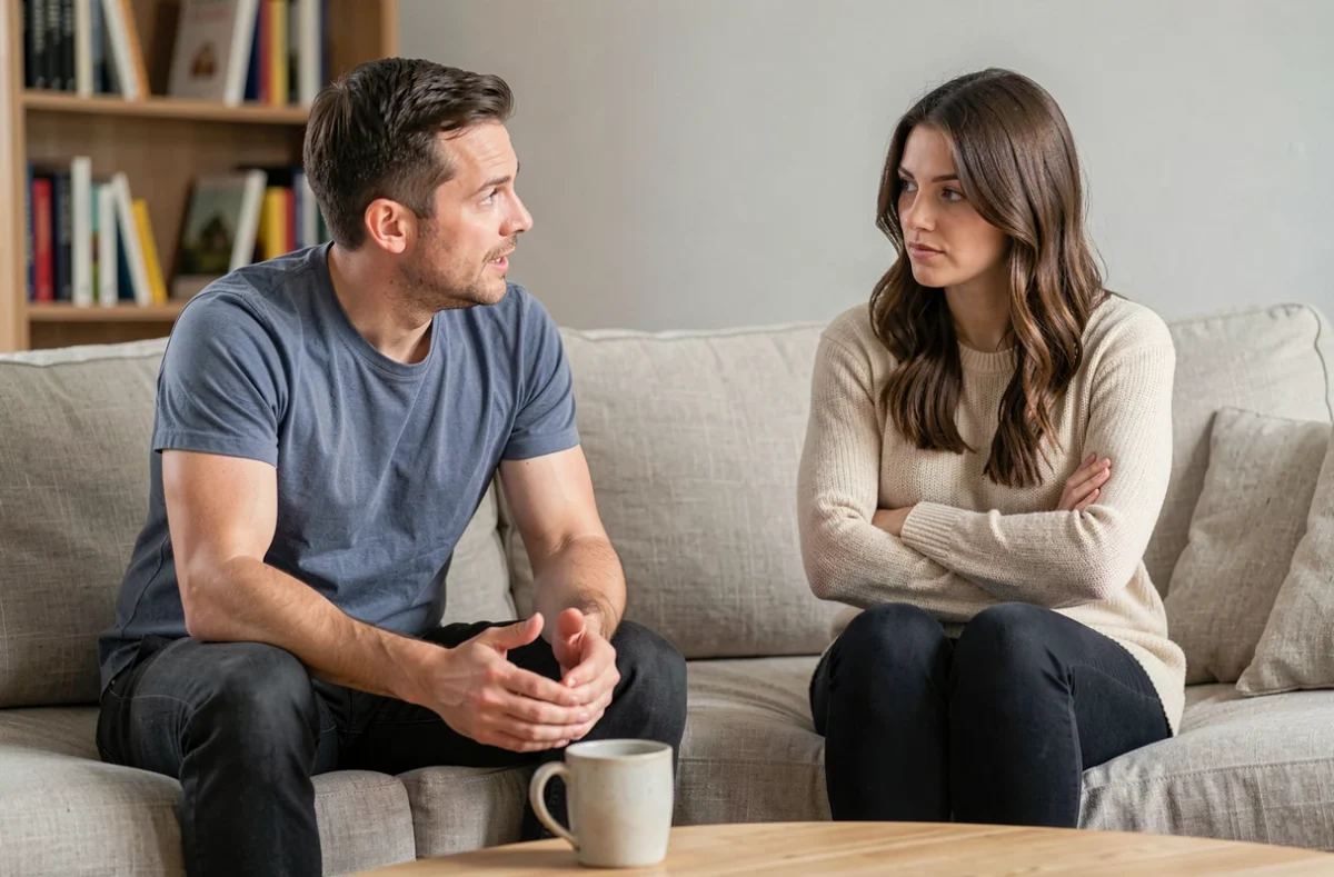 Un homme qui se confie à une femme dans un salon, expression sincère et regard attentif soulevant la question entre amour et amitié