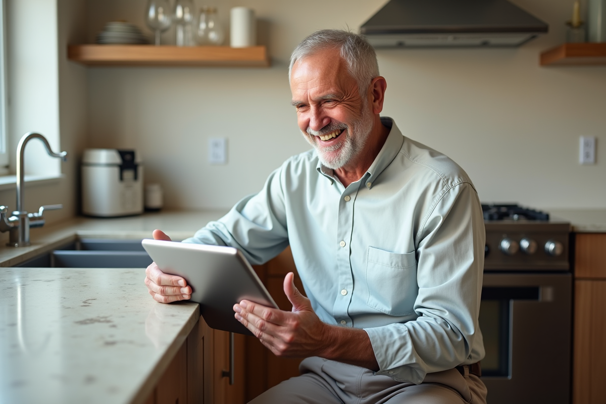 Homme senior consulte un site immobilier sur une tablette dans la cuisine