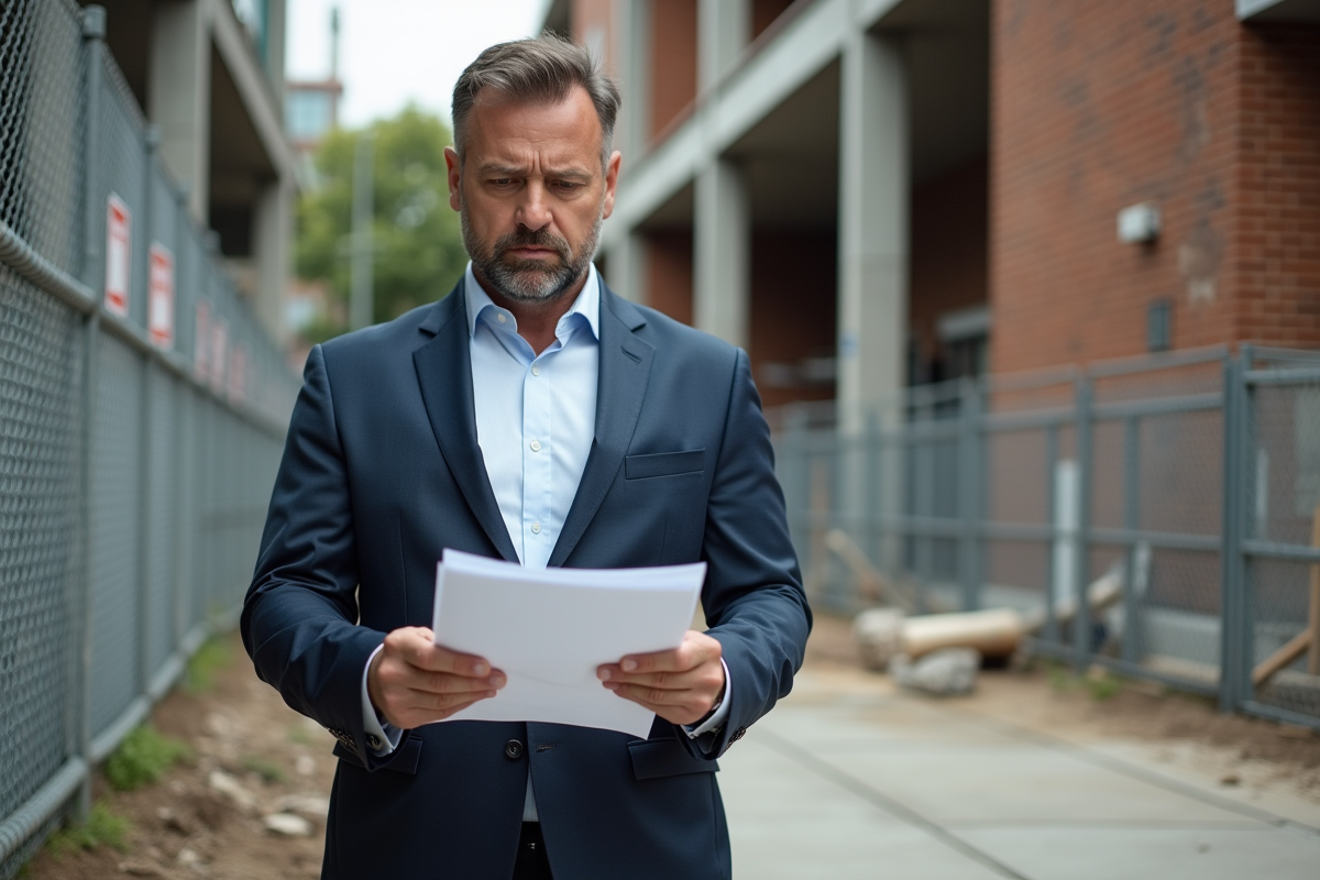 Homme d affaires avec permis de construire devant site en travaux