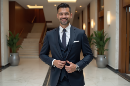 Homme en costume navy élégant dans un hall moderne