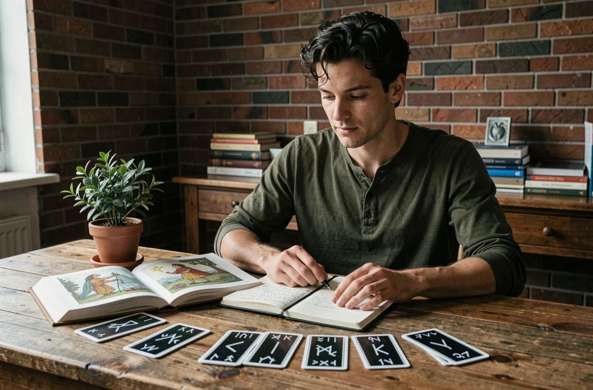Homme étudiant les runes elder futhark avec un guide illustré et des notes manuscrites sur un bureau en bois