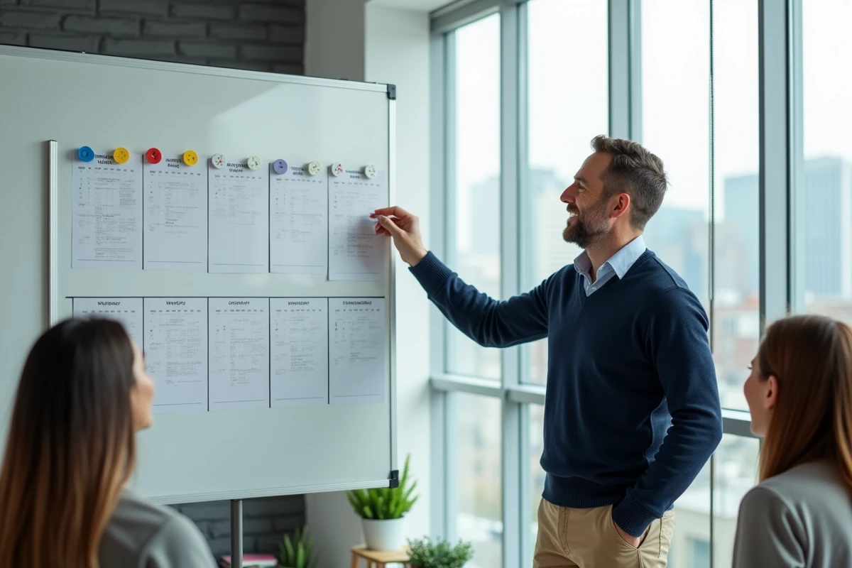 Homme expliquant la gestion de calendrier en bureau moderne