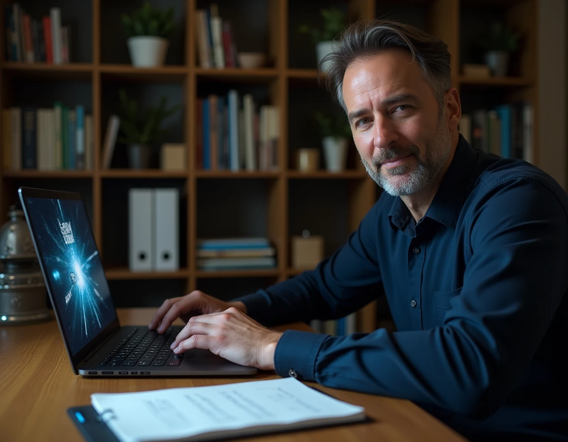Homme adulte débutant consultant un guide de solution imprimé devant un écran d'ordinateur portable affichant une interface de jeu escape room