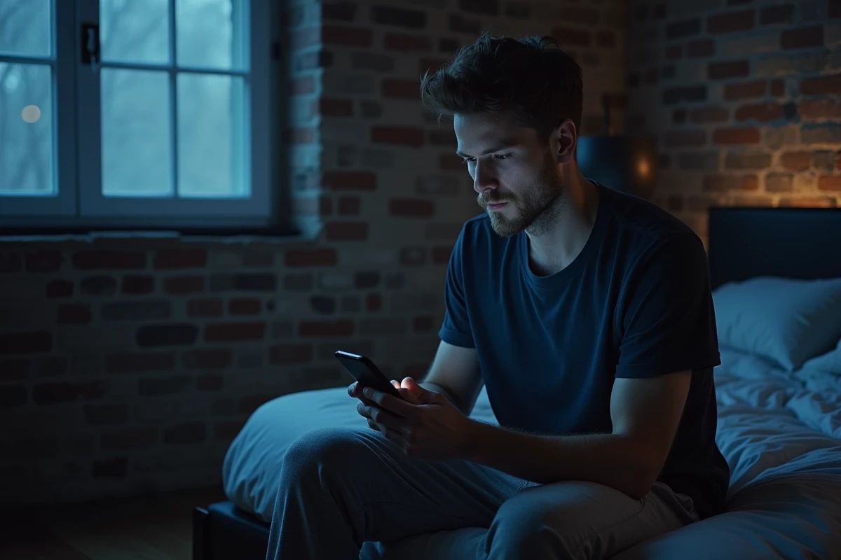 Homme assis sur son lit qui hésite avant d'envoyer un message bonne nuit, expression pensive et réaliste