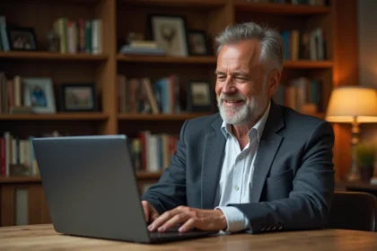 Homme d'âge moyen jouant en ligne à Motus sur un ordinateur portable