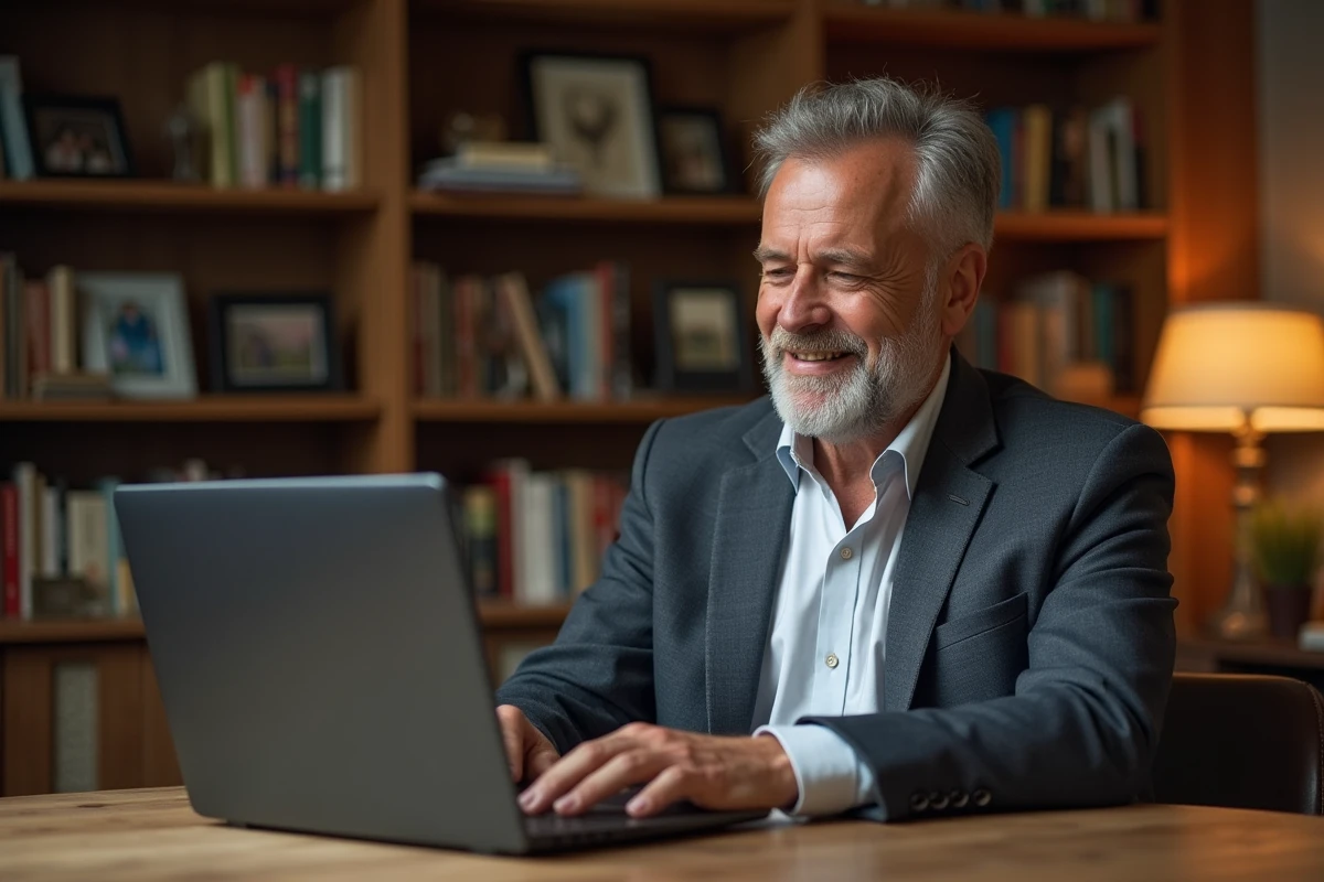 Homme d'âge moyen jouant en ligne à Motus sur un ordinateur portable