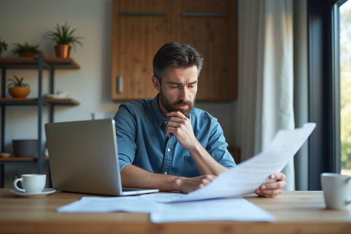 Homme d'âge moyen lisant des documents dans un salon moderne