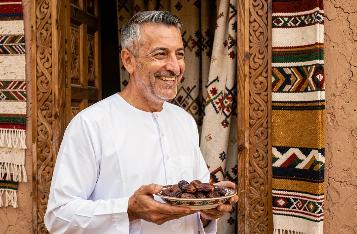 Homme marocain en gandoura offrant des dattes lors d'un salut festif Saha Ftourek à l'entrée d'une maison traditionnelle