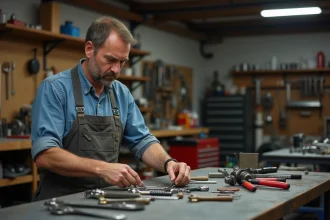 Homme en overalls organisant des outils dans un atelier