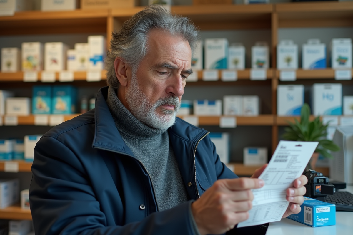 Homme d'âge moyen en pharmacie comparant une cartouche d'imprimante