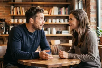Un homme qui se confie à une femme dans un café, regard sincère et posture ouverte évoquant une connexion émotionnelle profonde