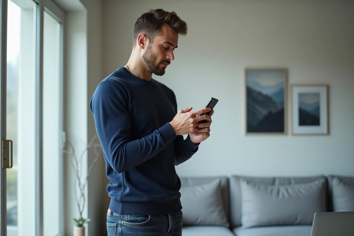 Homme consultant un quiz sur smartphone dans un salon moderne, en lien avec les concepts de loi d'attraction et de développement personnel en ligne