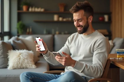 Homme assis découvrant récompenses Monopoly GO