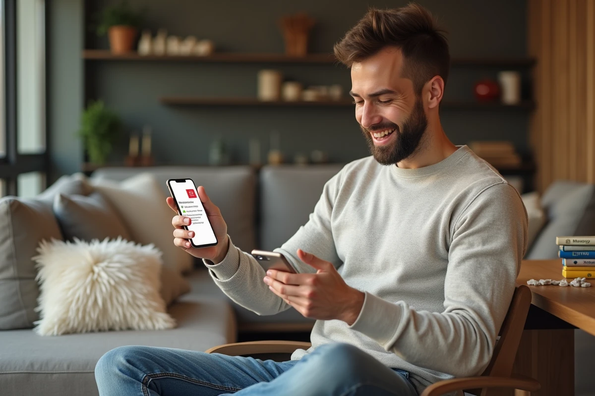 Homme assis découvrant récompenses Monopoly GO