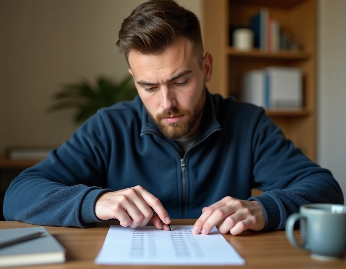 Homme consultant un tableau de conversion de vitesse km/h en miles par heure à son bureau