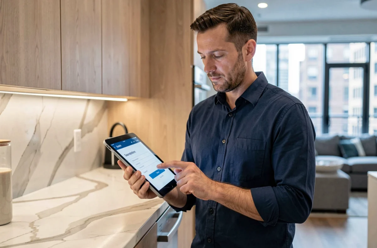 Homme consultant son abonnement laparenthesebusiness gratuit sur une tablette dans une cuisine moderne
