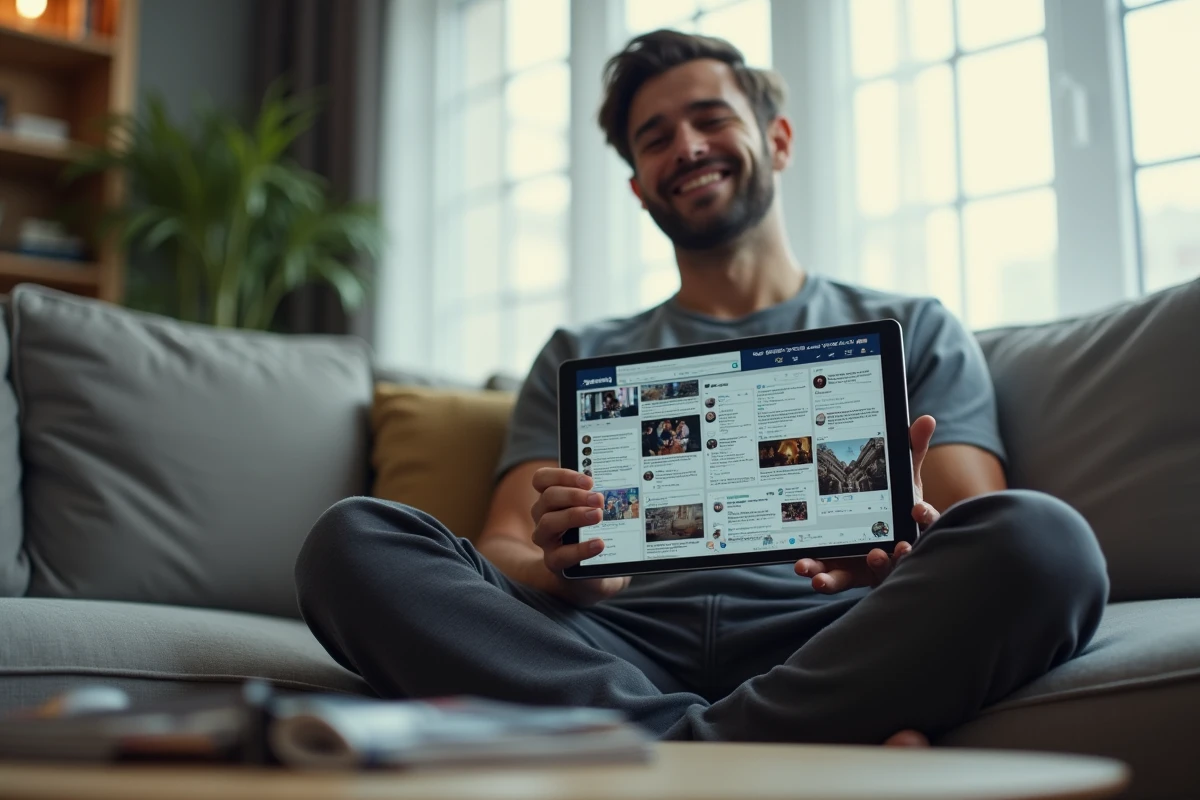Homme souriant consultant un fil d'actualité viral et absurde sur sa tablette dans son salon