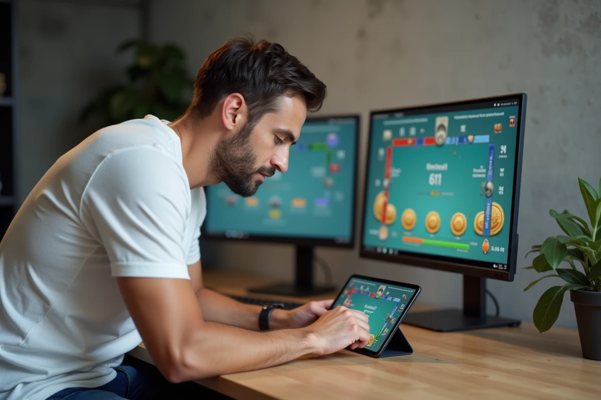 Homme concentré utilisant une tablette pour collecter des ressources gratuites sur Monopoly GO dans un bureau à domicile