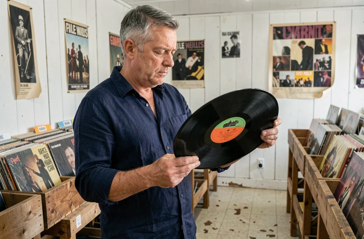 Homme tenant un disque vinyle 33 tours en examinant le label dans un magasin de disques