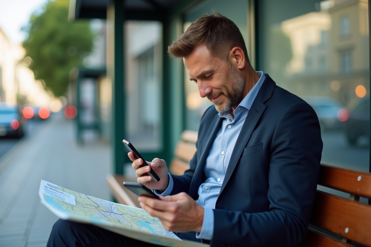 Homme seul utilisant une application de traduction en extérieur