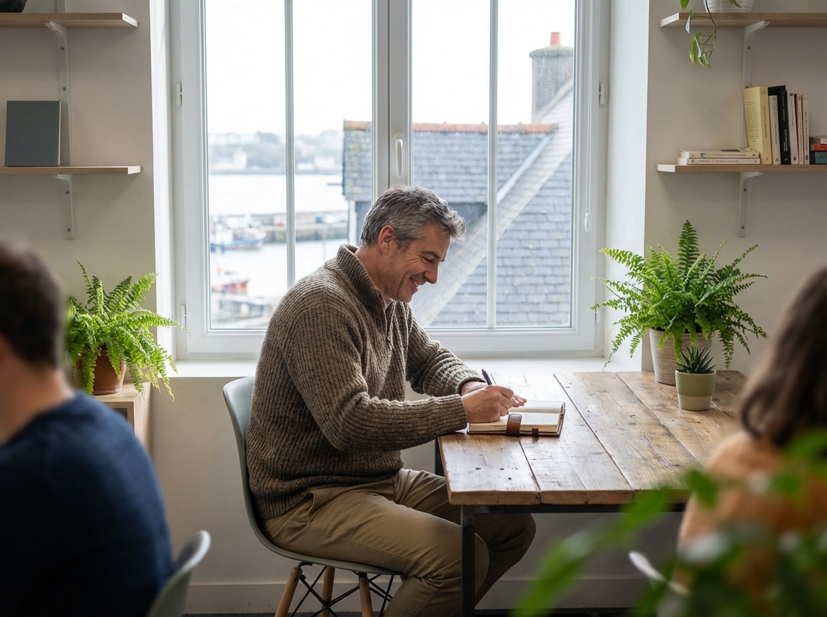 Homme souriant travaillant dans un espace coworking à Brest