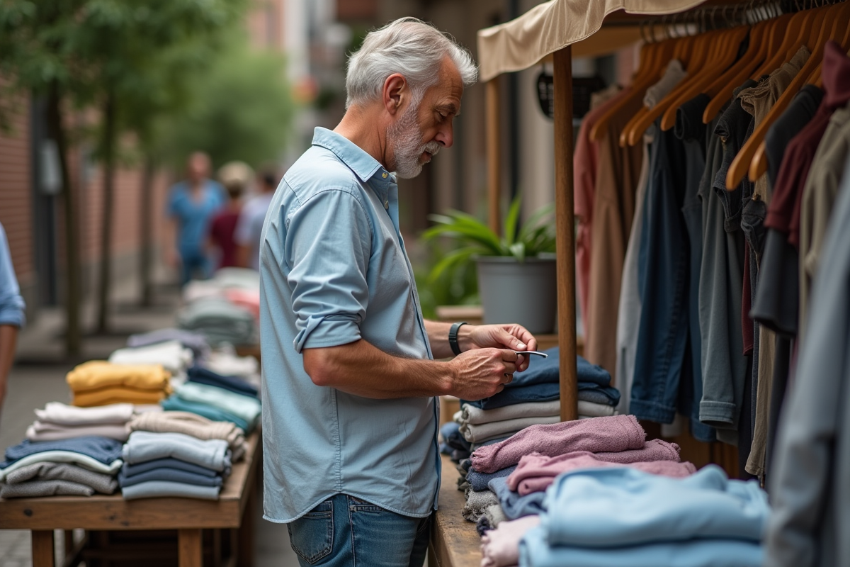 Homme inspectant un vêtement dans un marché en plein air