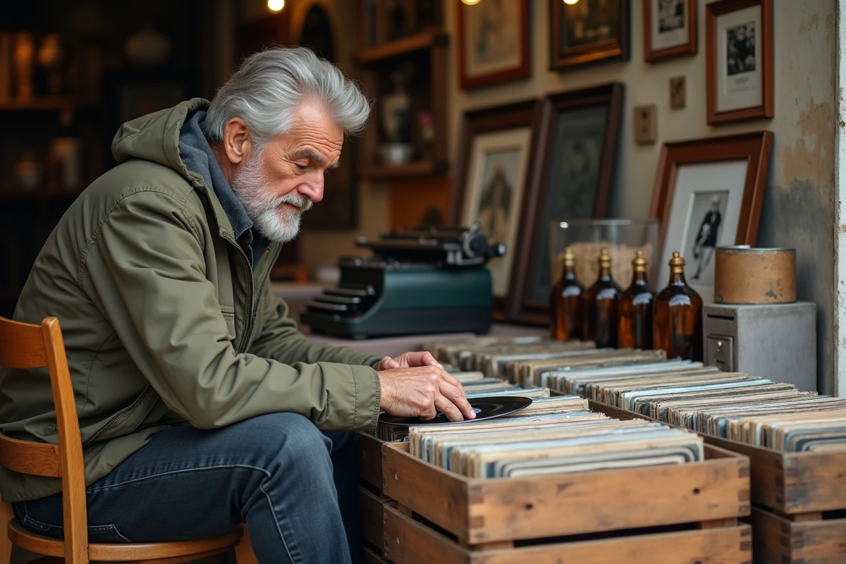 Homme parcourant des vinyles anciens sur un stand de vide-grenier dans l'Yonne, entouré d'objets vintage comme une machine à écrire et des bouteilles en verre ambré