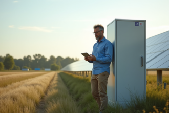 Ingénieur français inspectant une batterie solaire en plein air