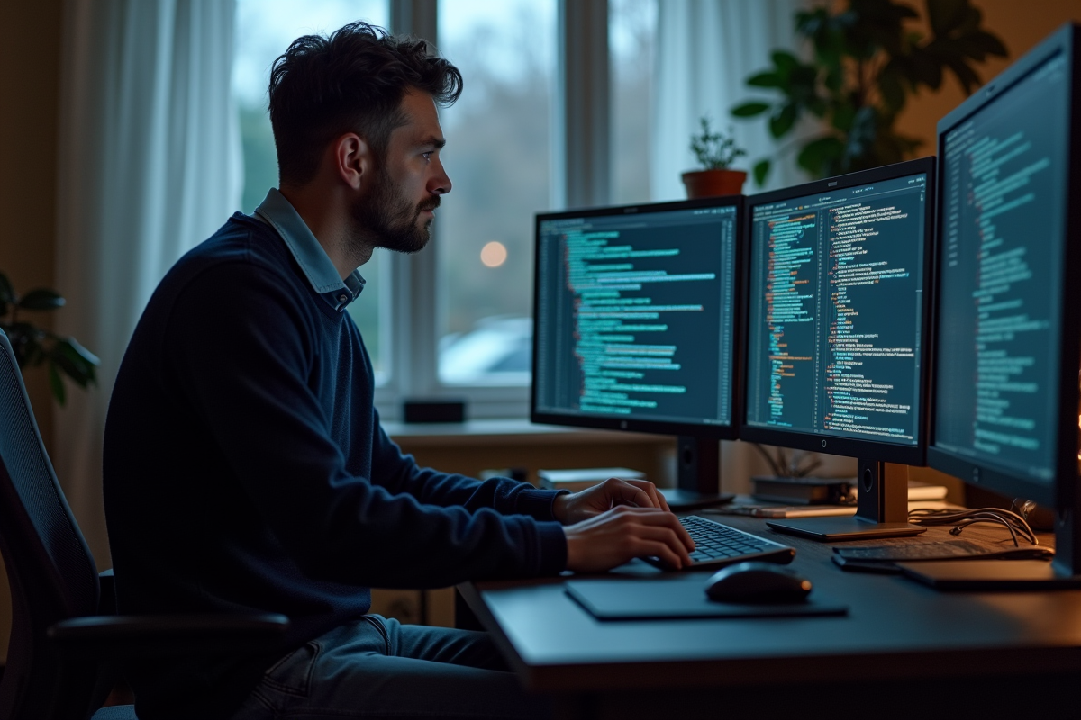 Ingénieur informatique analysant du code blockchain sur ses écrans
