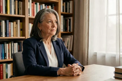 Ingrid Betancourt dans un bureau à domicile en 2026, femme aux cheveux gris-brun assise à un bureau en bois entouré de livres