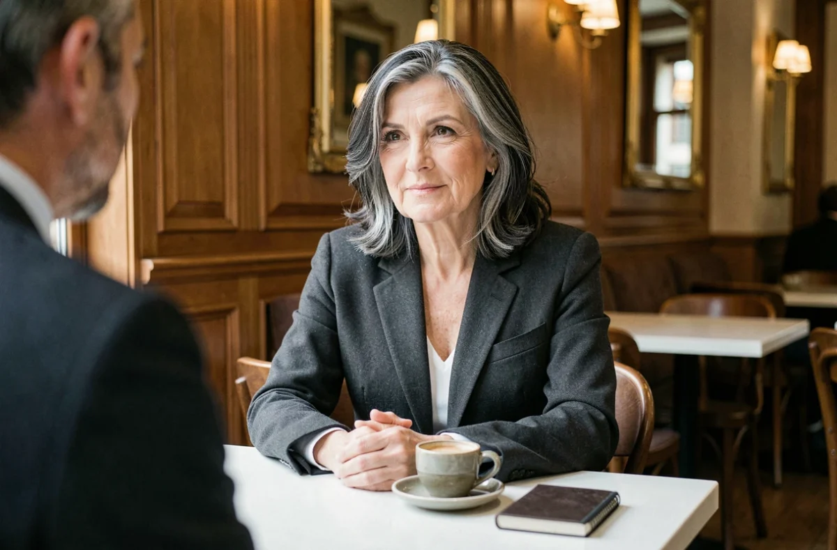 Portrait d'une femme politique dans la soixantaine lors d'un entretien dans un café parisien, illustrant le quotidien d'Ingrid Betancourt en 2026