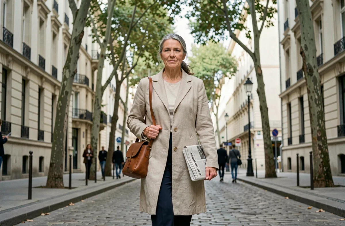 Femme dans la soixantaine marchant dans une rue européenne calme en 2026, évoquant la vie quotidienne discrète d'Ingrid Betancourt