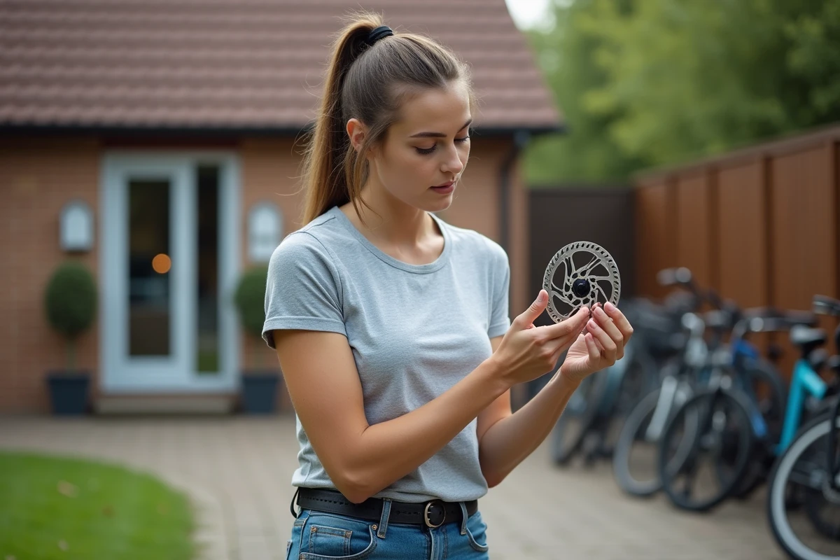 Jeune femme inspectant un disque de frein de vélo en extérieur