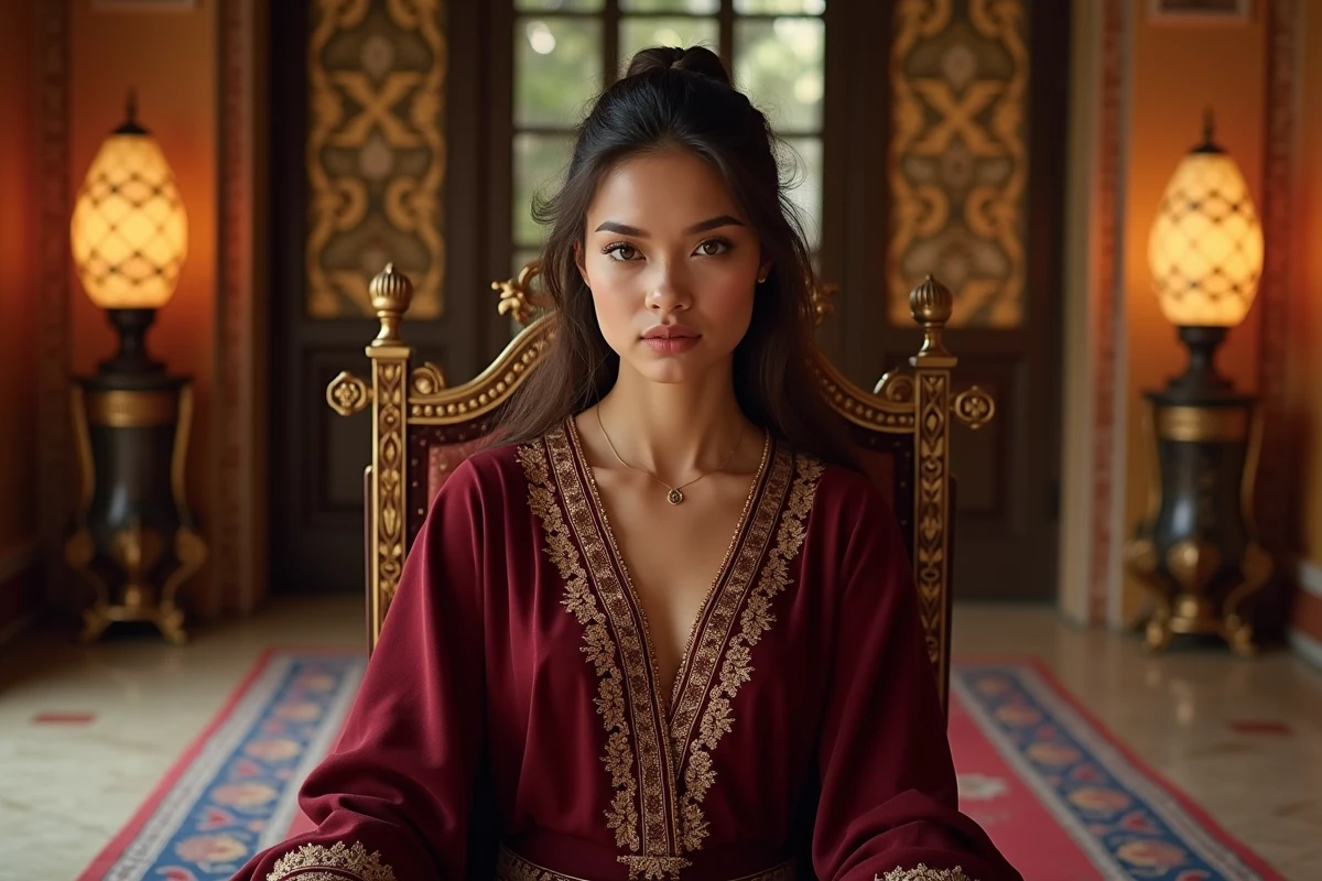 Femme incarnant la princesse Jasmine en version héroïne dans une tenue rouge bordeaux et or, assise sur un trône dans un palais oriental décoré
