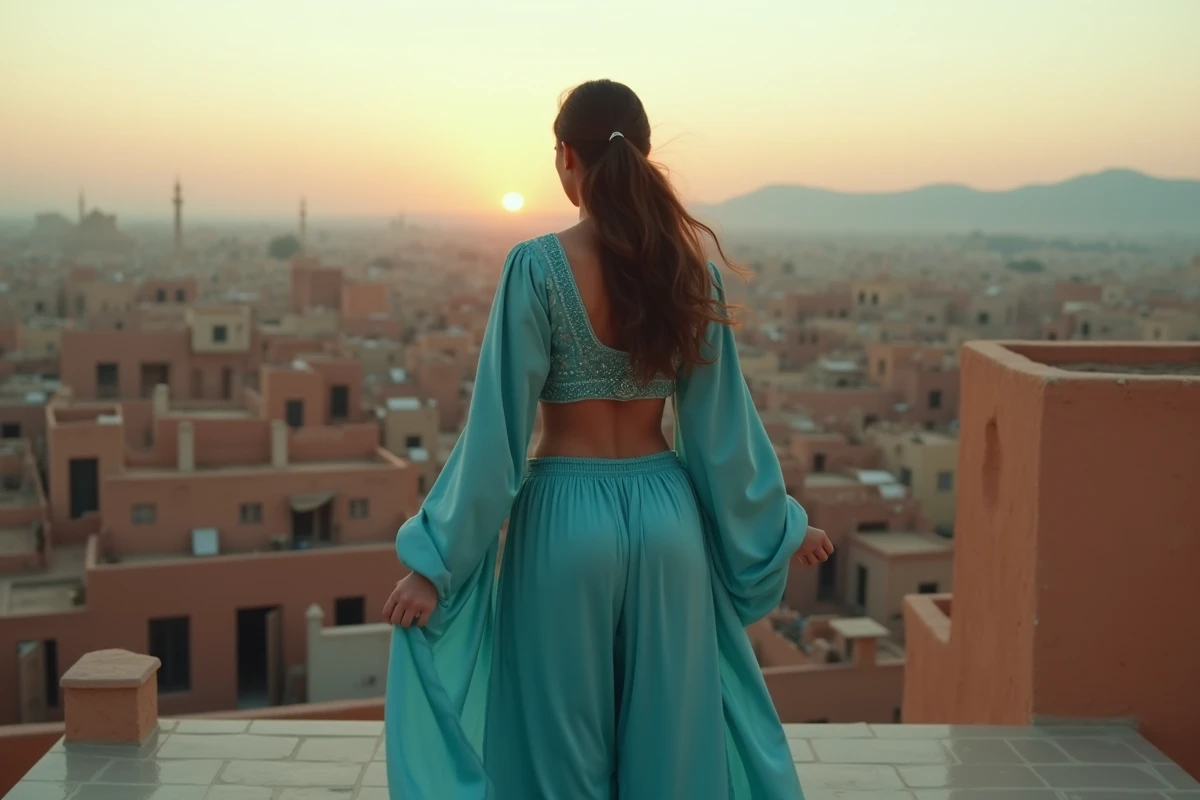 Femme en costume de Jasmine inspiré par Disney sur une terrasse donnant sur une ville nord-africaine, posture de leader et d'héroïne moderne