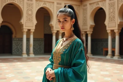 Jeune femme en costume de Jasmine Disney dans une cour de palais inspirée de l'architecture arabe, posture confiante et héroïque