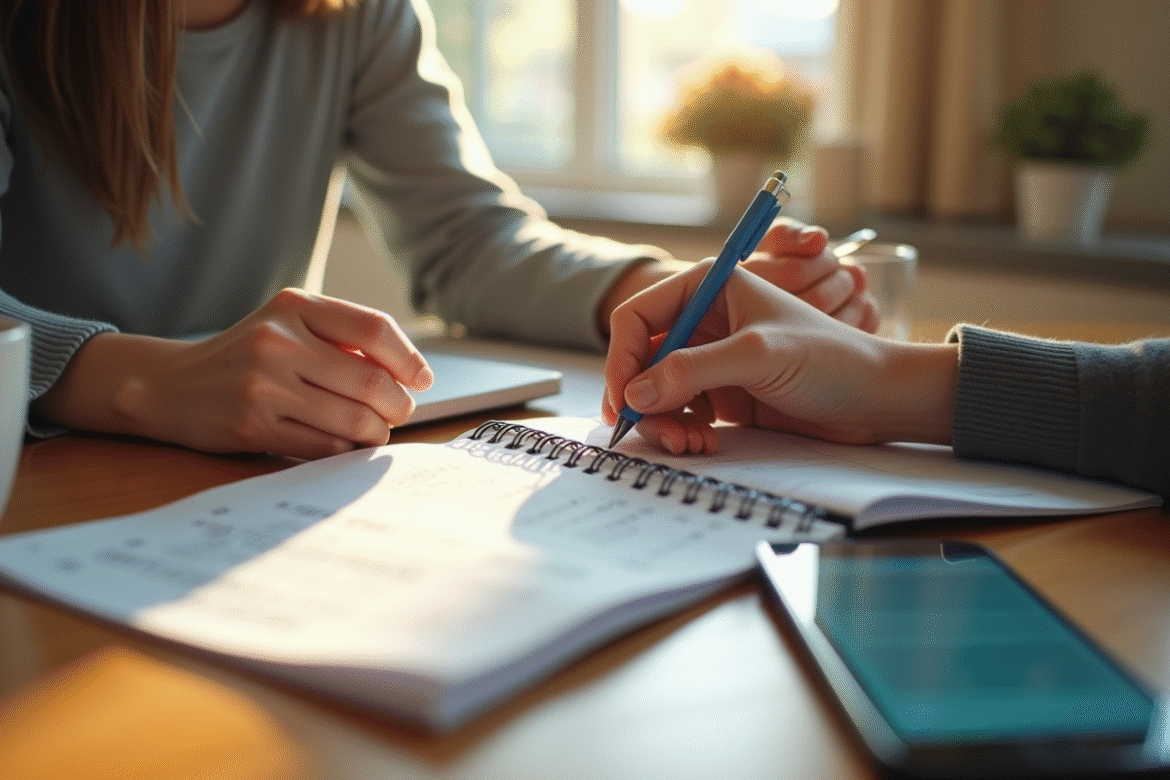 Jeune adulte gérant ses finances à la cuisine avec notebook et smartphone