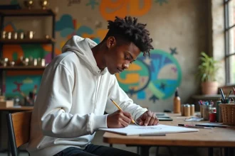 Jeune homme des quartiers nord de Marseille travaillant sur un projet artistique dans un centre communautaire