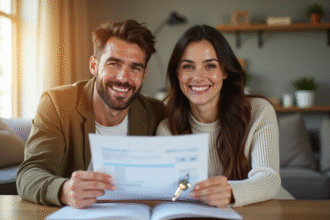 Jeune couple souriant avec documents et clés de maison