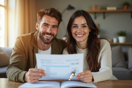 Jeune couple souriant avec documents et clés de maison