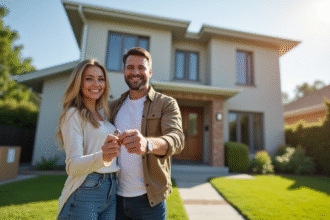 Couple souriant tenant des clés devant une maison moderne