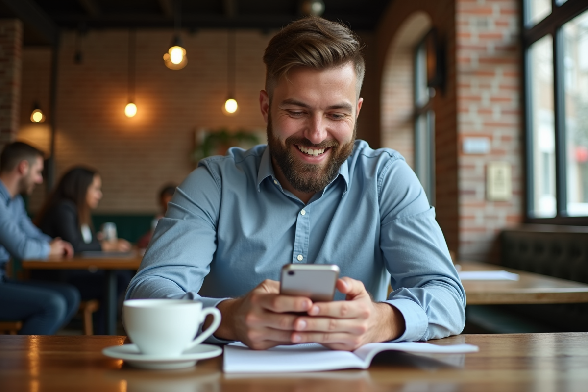 Jeune entrepreneur vérifiant ses finances au café
