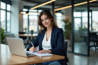 Jeune femme au bureau parisien en tenue décontractée