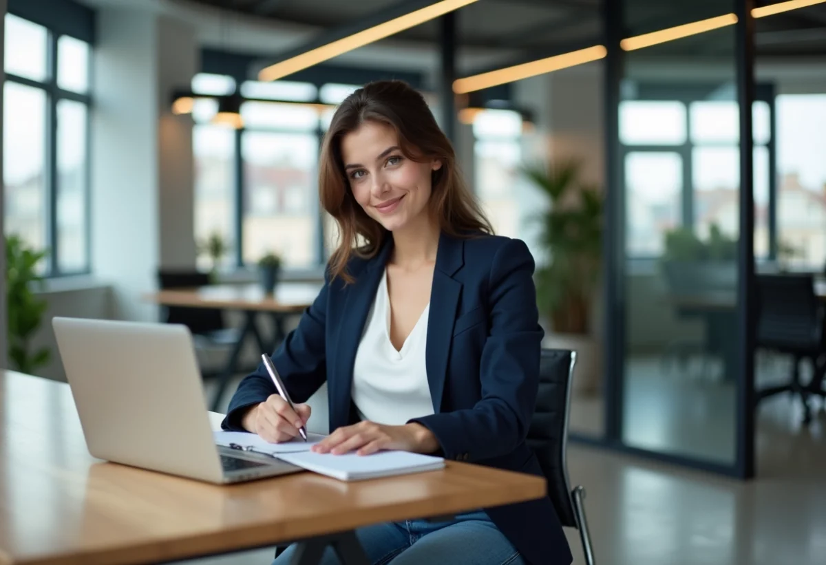 Jeune femme au bureau parisien en tenue décontractée