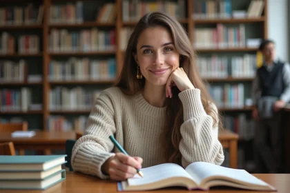 Jeune femme en étude dans une bibliothèque universitaire