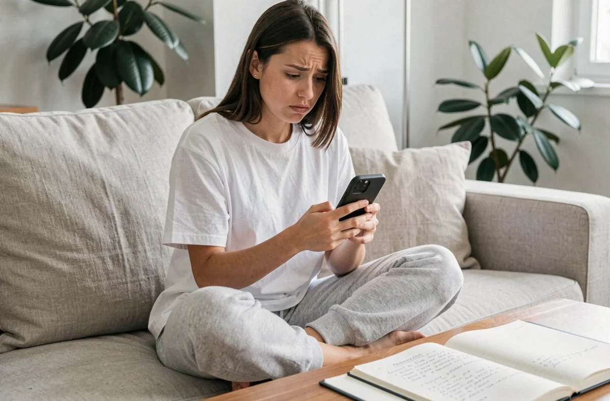 Jeune femme perplexe consultant son smartphone sur un canapé, illustrant la difficulté à distinguer 'envoie' et 'envois' dans les messages