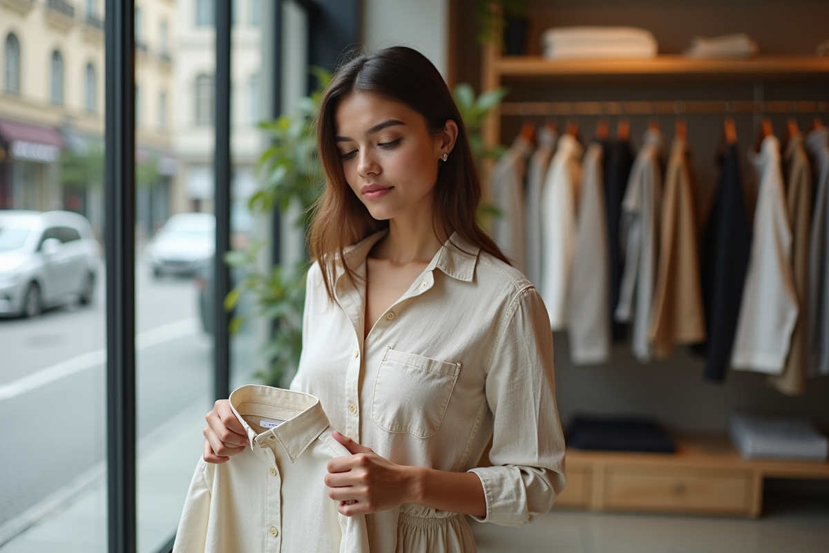 Jeune femme examine une étiquette de vêtement dans une boutique moderne