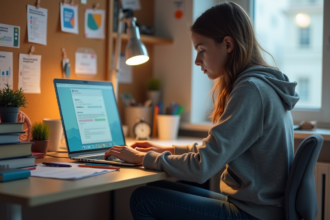 Jeune fille utilisant un ordinateur avec MBN dans sa chambre